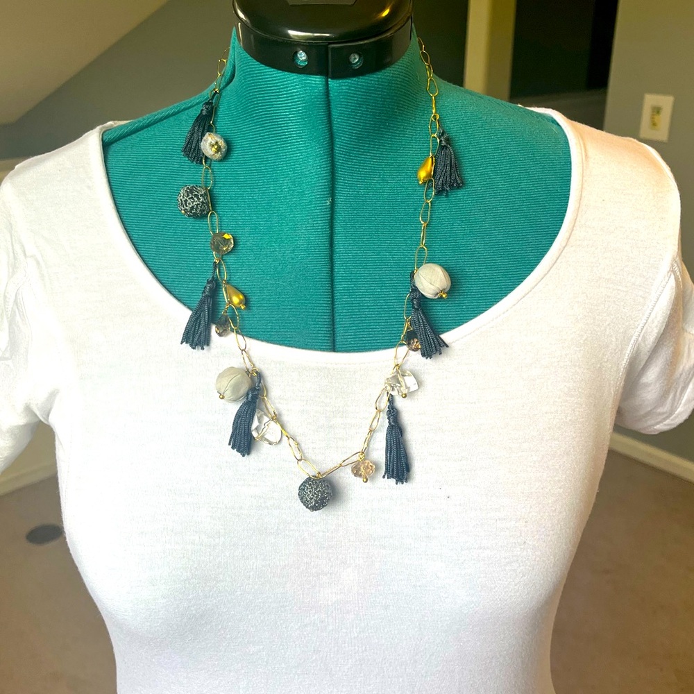 Vintage Anthropologie Necklace with Gray Tassels and Beads